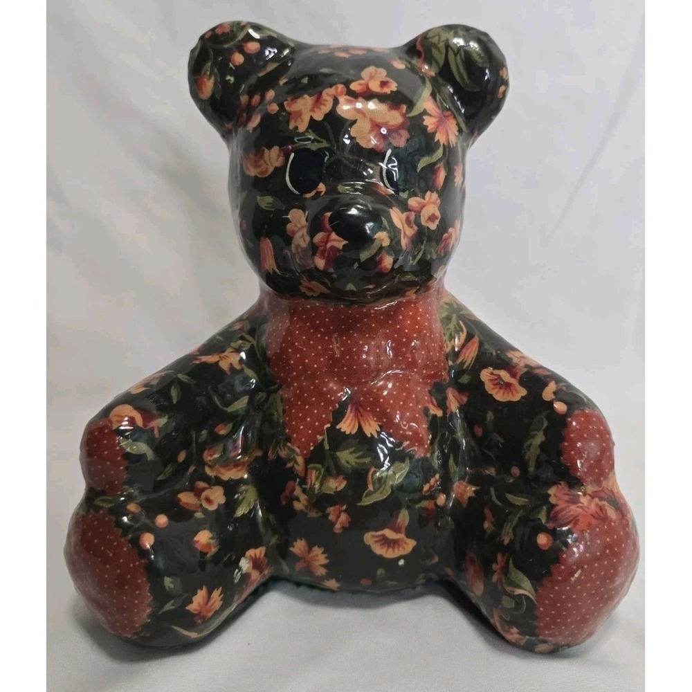 Black Floral Ceramic Teddy Bear Figurine 8"
